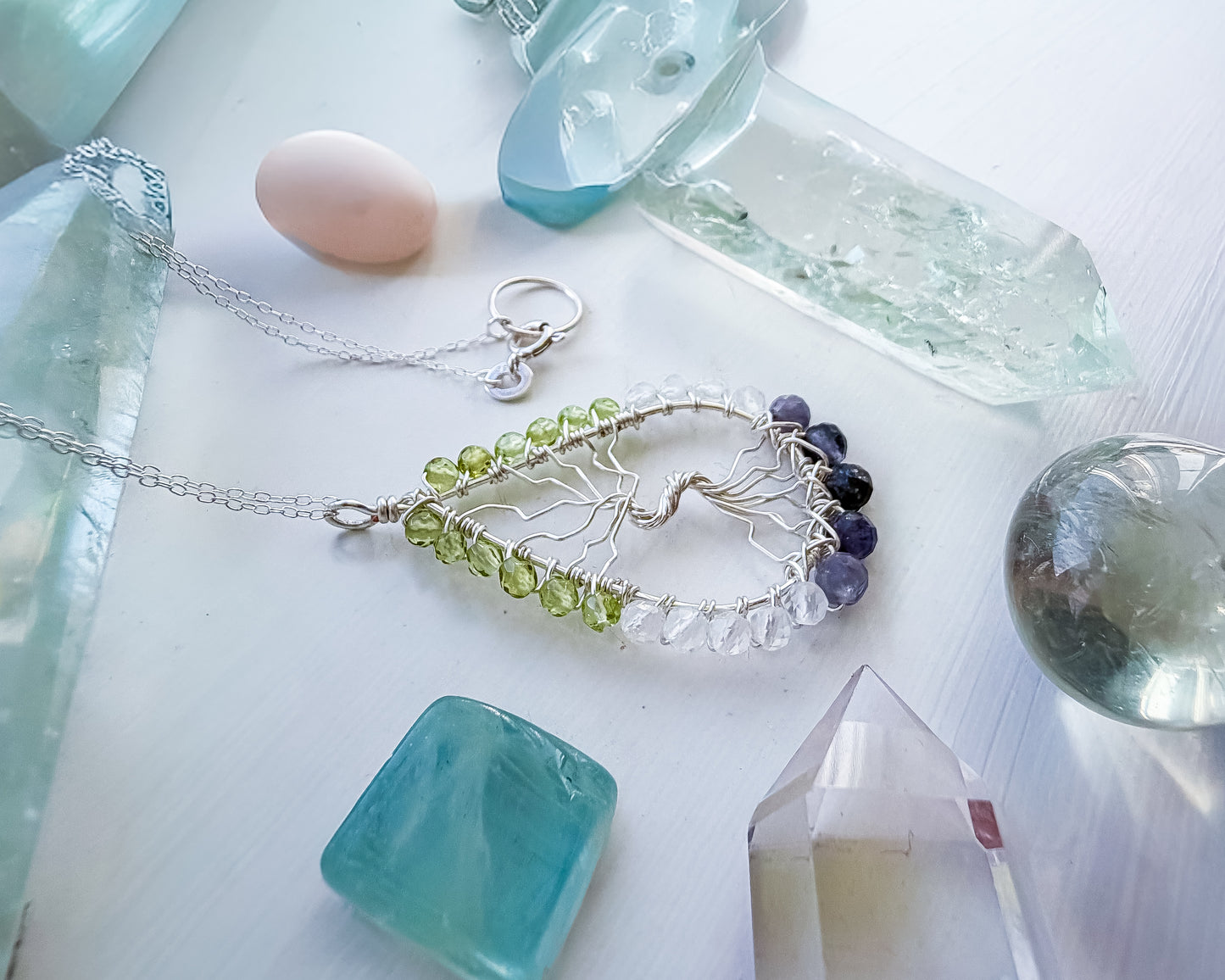 🌿✨ Iolite, Peridot & Clear Quartz Tree of Life Necklace ✨🌿