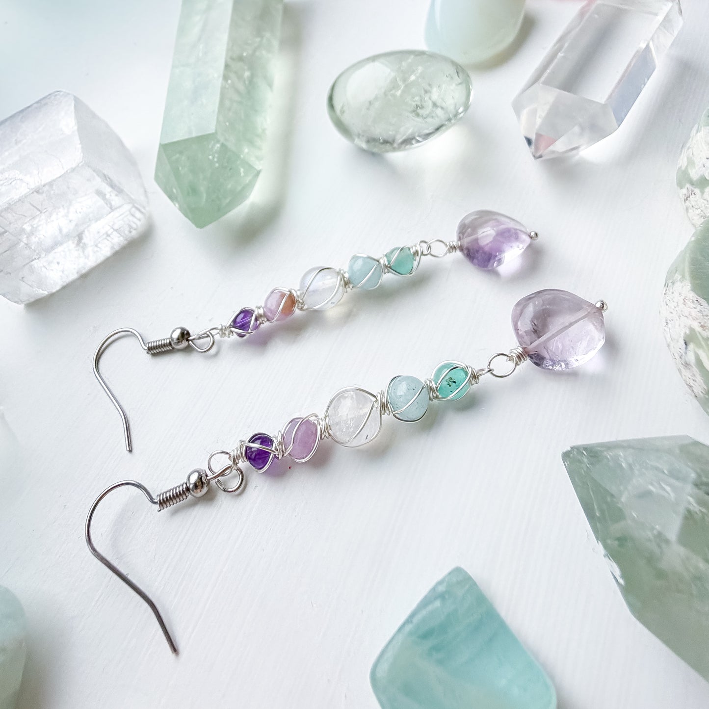 ✨🌈💎 Rainbow Aura Earrings 💎🌈✨ - Amethyst, Kunzite, Rainbow Moonstone, Aquamarine, Amazonite and Pink Amethyst Earrings