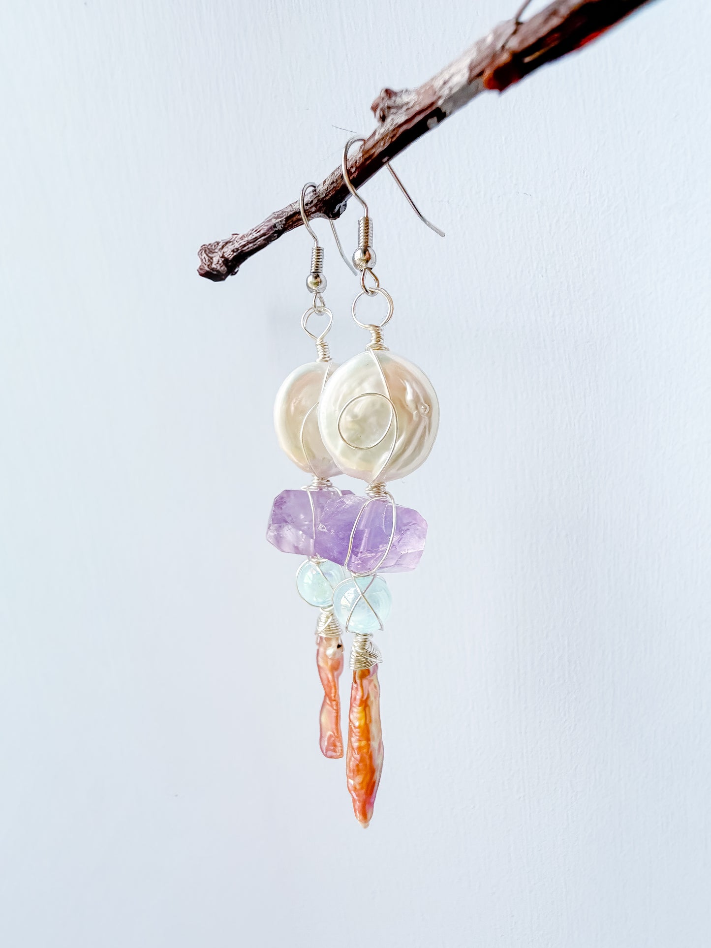 ✨ Siren Sister Pearl & Amethyst Earrings ✨ Keshi Pearl & Amethyst Dangle Earrings | Long Handmade Statement Earrings