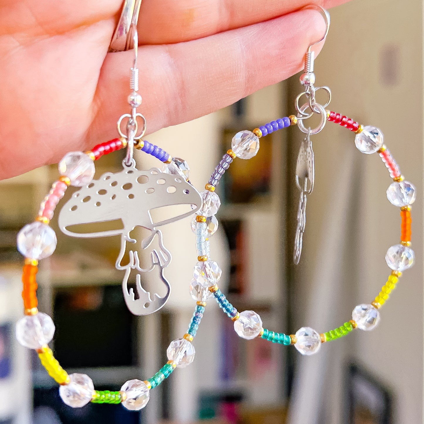 Silver mushie, clear quartz rainbow statement hoop earrings