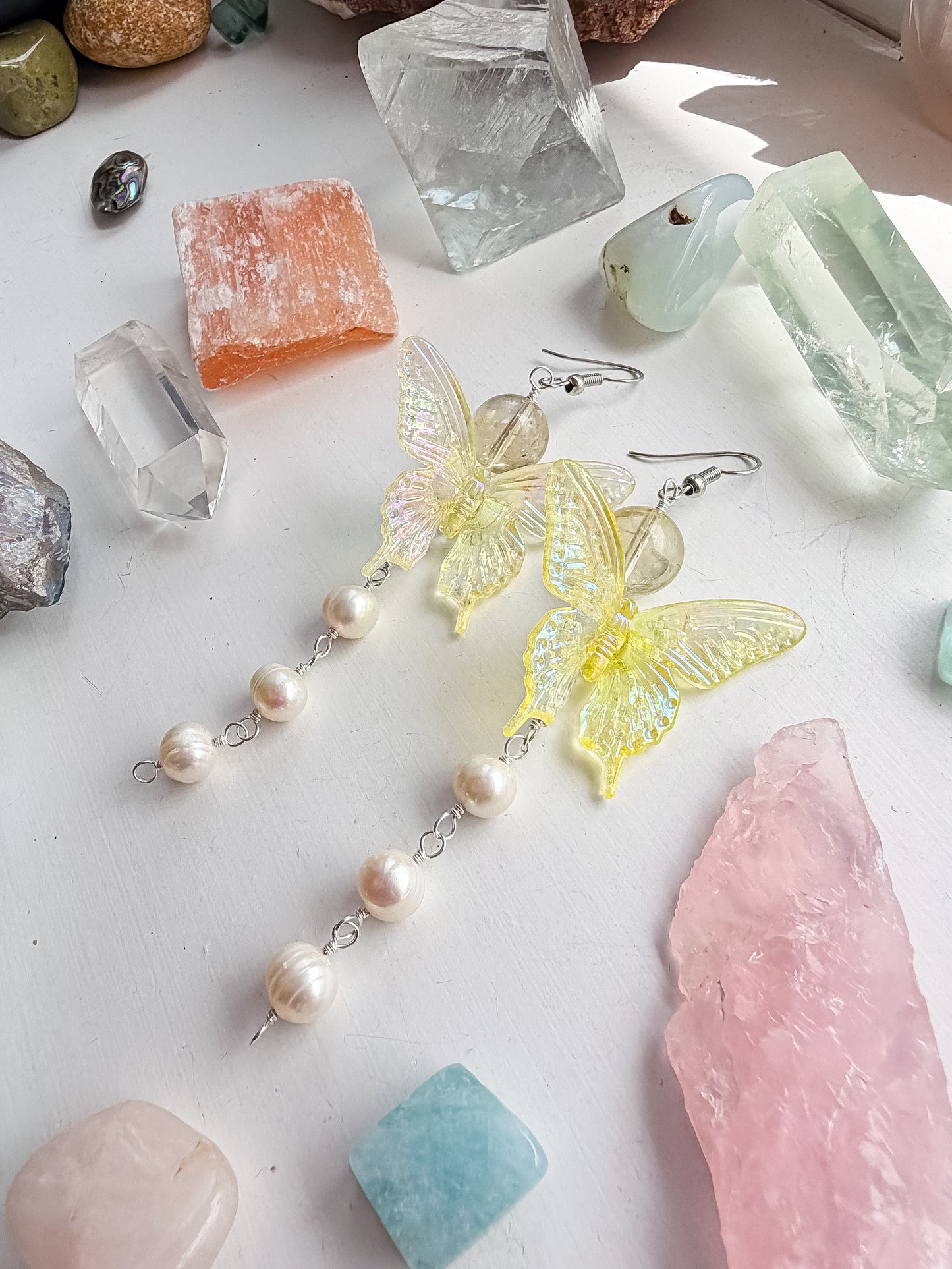 Yellow butterfly + citrine + pearl drop chain earrings