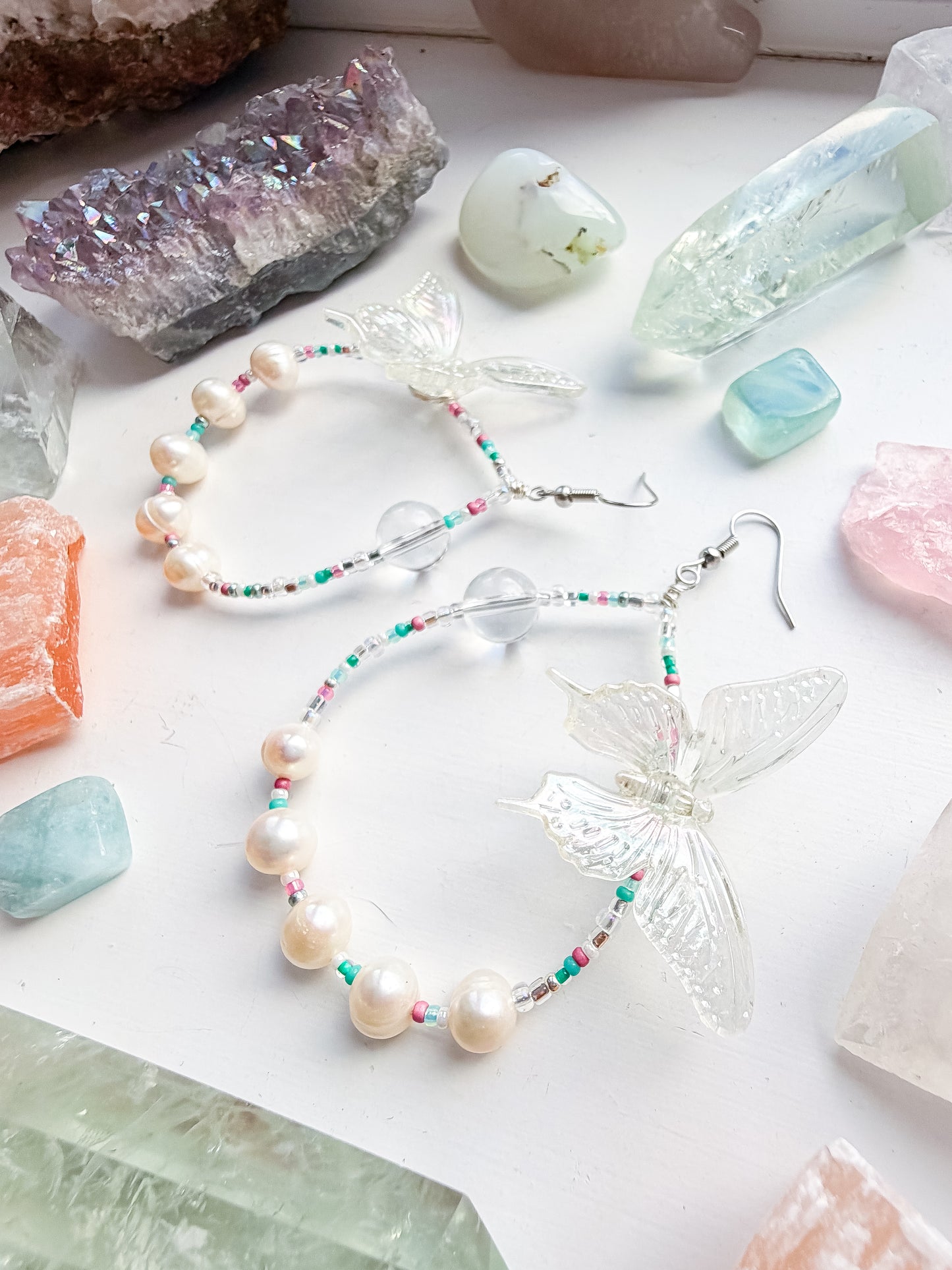 First Flutter - Clear quartz and iridescent butterfly + pearl & teal & pink seed bead earrings