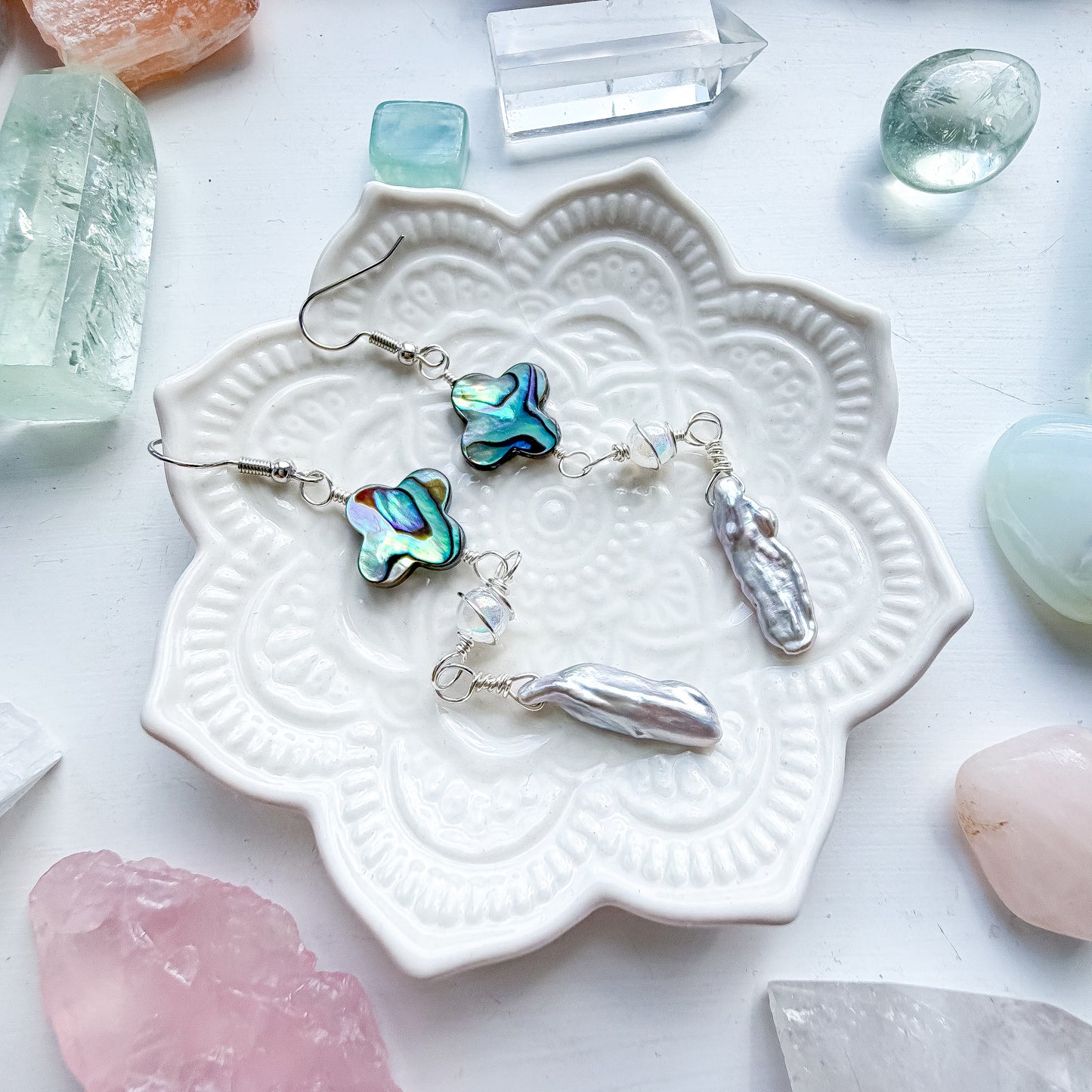 ✨💎 Atlantis Earrings 💎✨ Abalone & Silver Biwa Pearl Drop Earrings | Long Handmade Chain Earrings