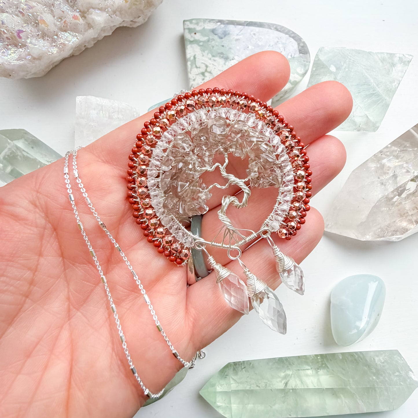 🌳 Where You Stand, You Shine – Grounding Light Tree of Life Talisman Necklace with Smoky Quartz, Clear Quartz, Red Jasper and Rose coloured Hematite