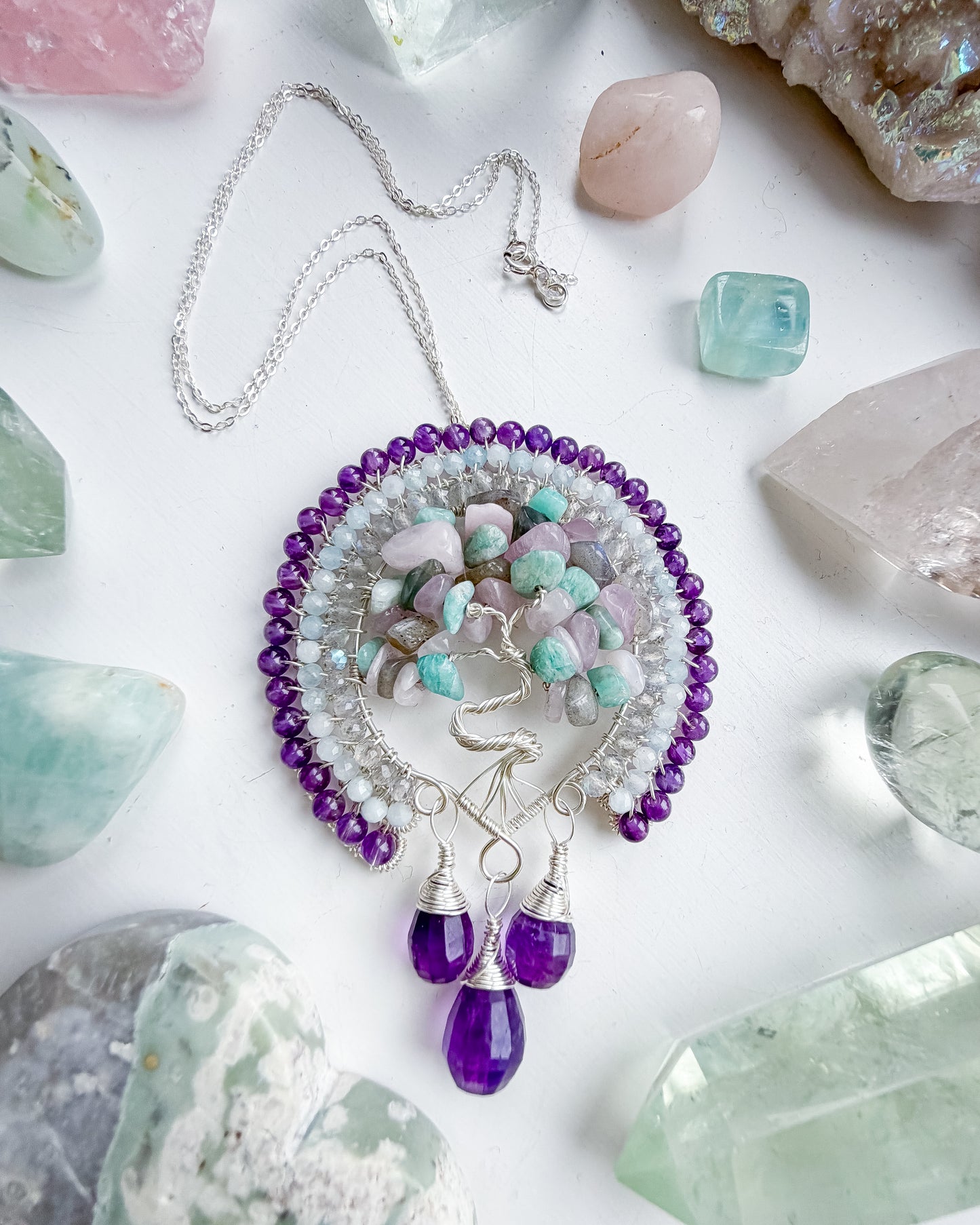 ✨🌸🌳 Enchanted Garden Tree Of Life Pendant 🌳🌸✨ Amazonite, Labraorite, Kunzite, Aquamarine and Amethyst Necklace