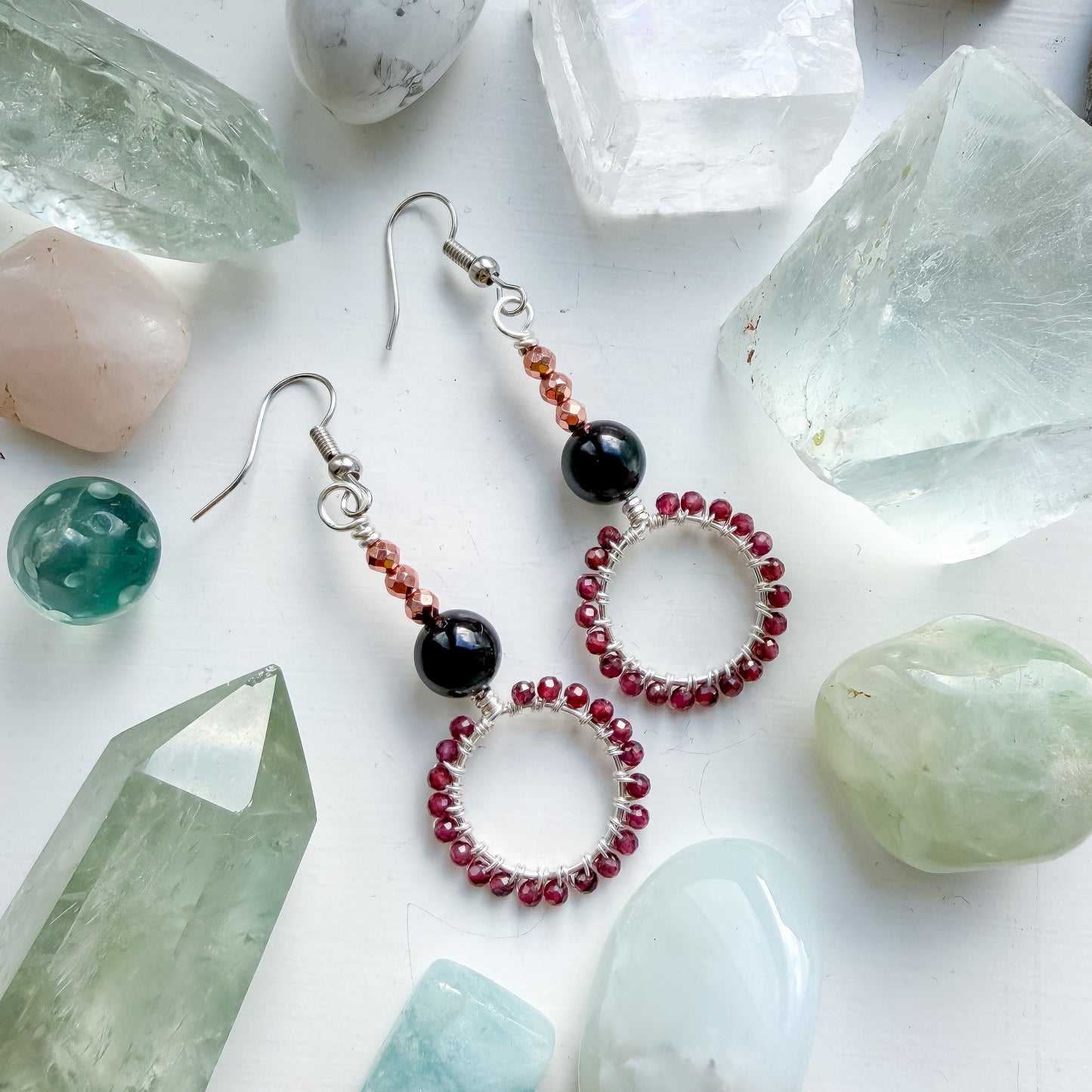 Boundaried Strength Earrings - Garnet, Black Tourmaline & Rose Gold Coloured Hematite – Drop Earrings