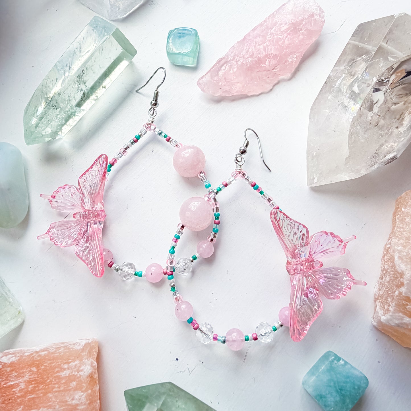 Soft Power - Pink butterfly + rose quartz & clear quartz earrings