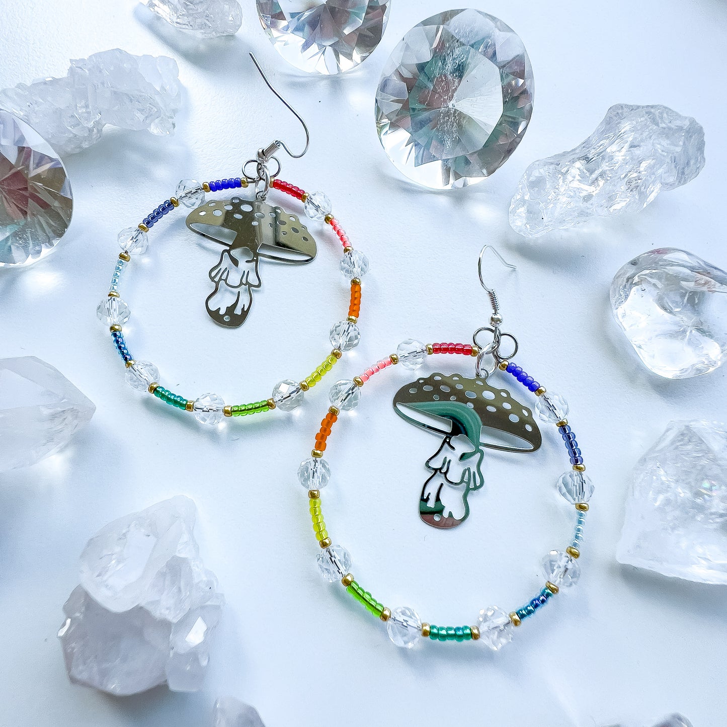 Silver mushie, clear quartz rainbow statement hoop earrings