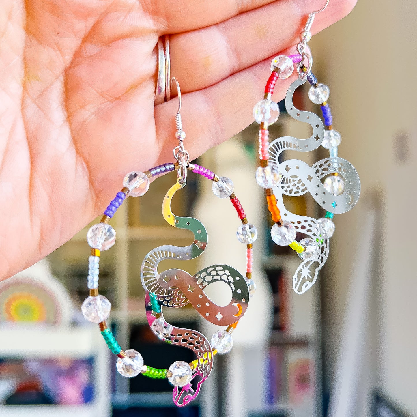 Silver snake, clear quartz rainbow statement hoop earrings