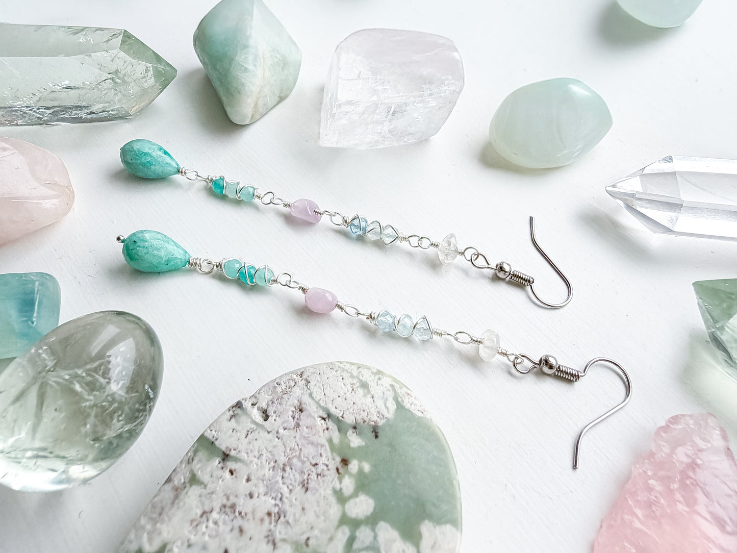✨💎💚 Dreaming Heart Earrings 💚💎✨ - Rainbow Moonstone, Amazonite, Aquamarine and Kunzite Earrings