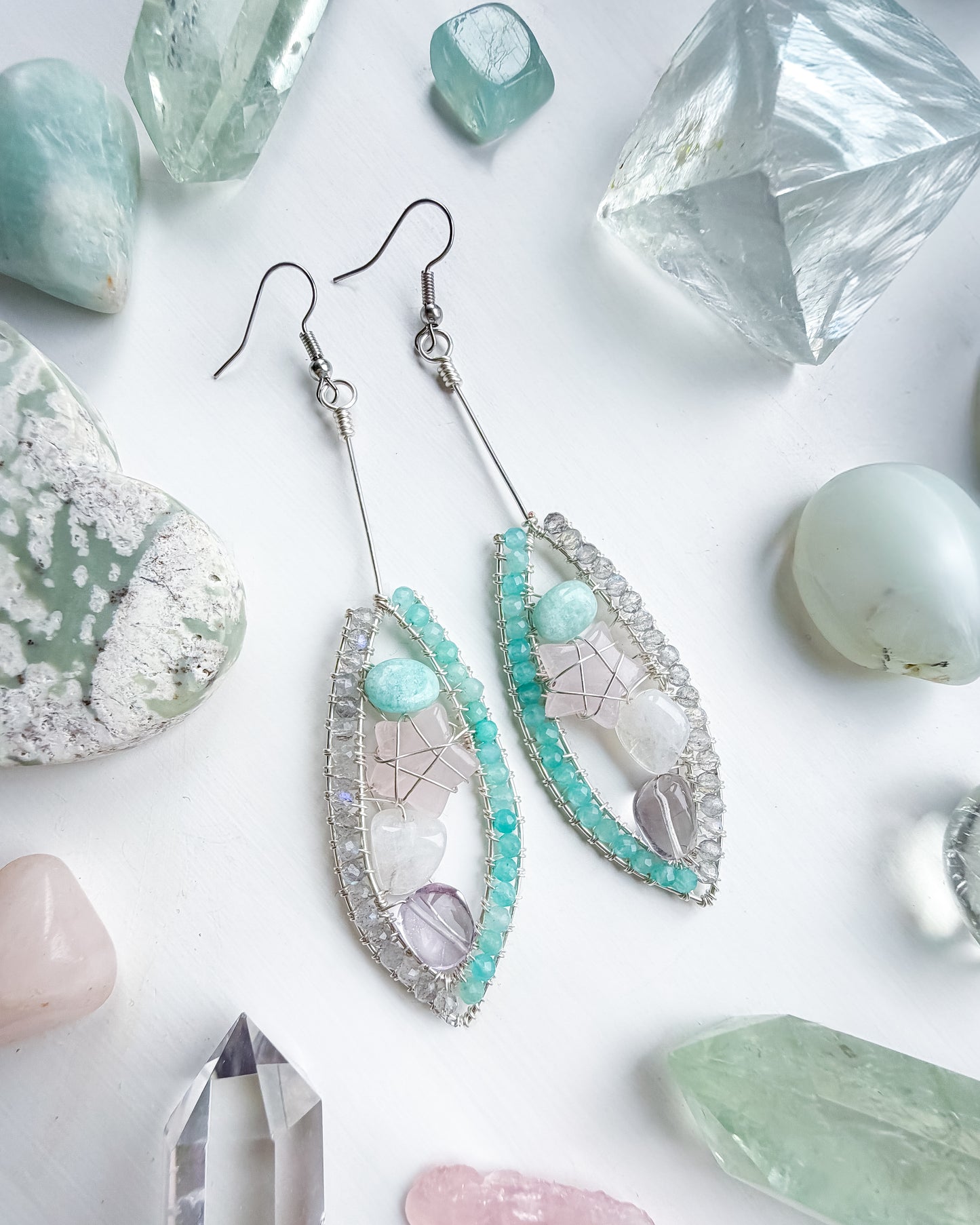 ✨🌿💎 Divine Guardian Earrings 💎🌿✨ - Amazonite, Labradorite, Rose Quartz, Rainbow Moonstone and Pink Amethyst Earrings