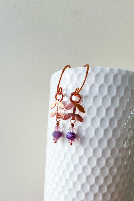 🌸 Root & Bloom Earrings – Copper, Charoite & Pink Spinel 🌸