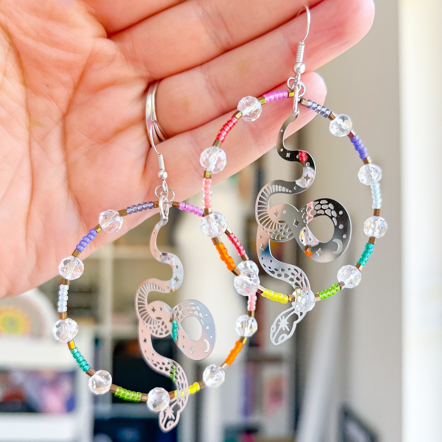 Silver snake, clear quartz rainbow statement hoop earrings