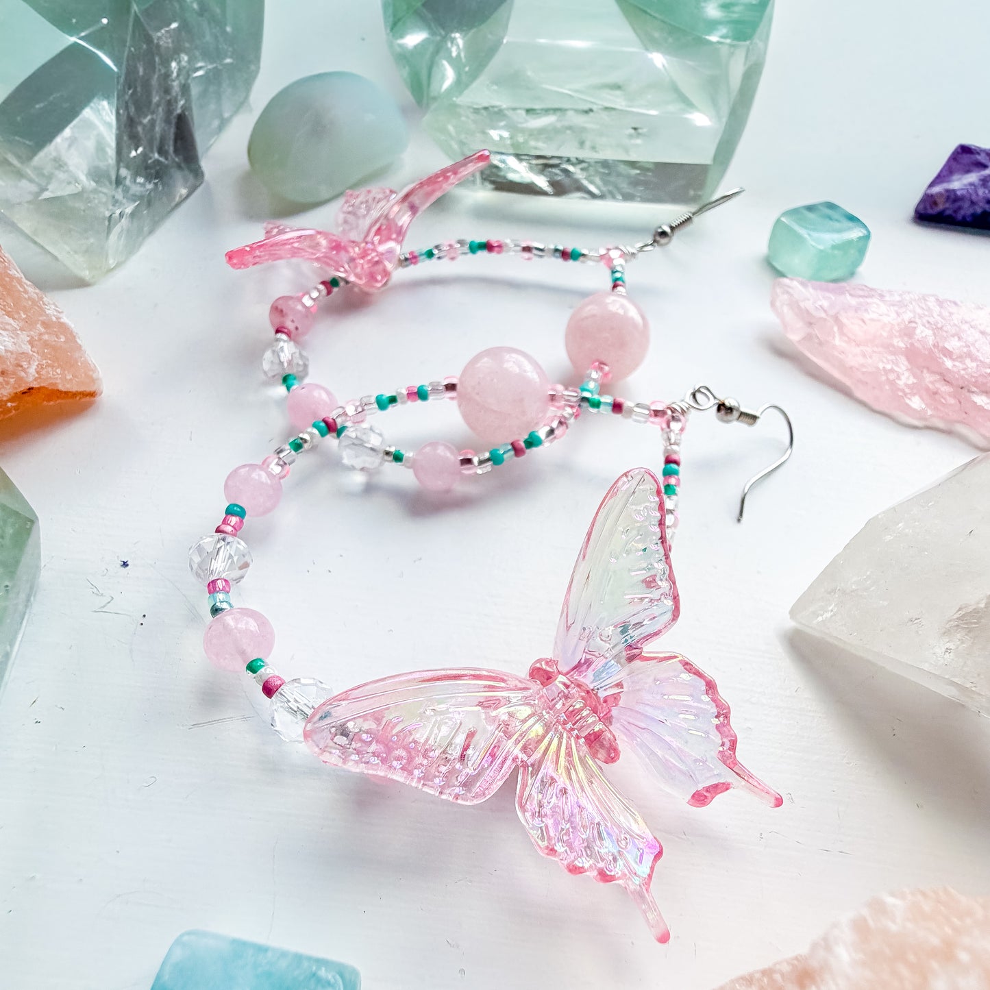 Soft Power - Pink butterfly + rose quartz & clear quartz earrings