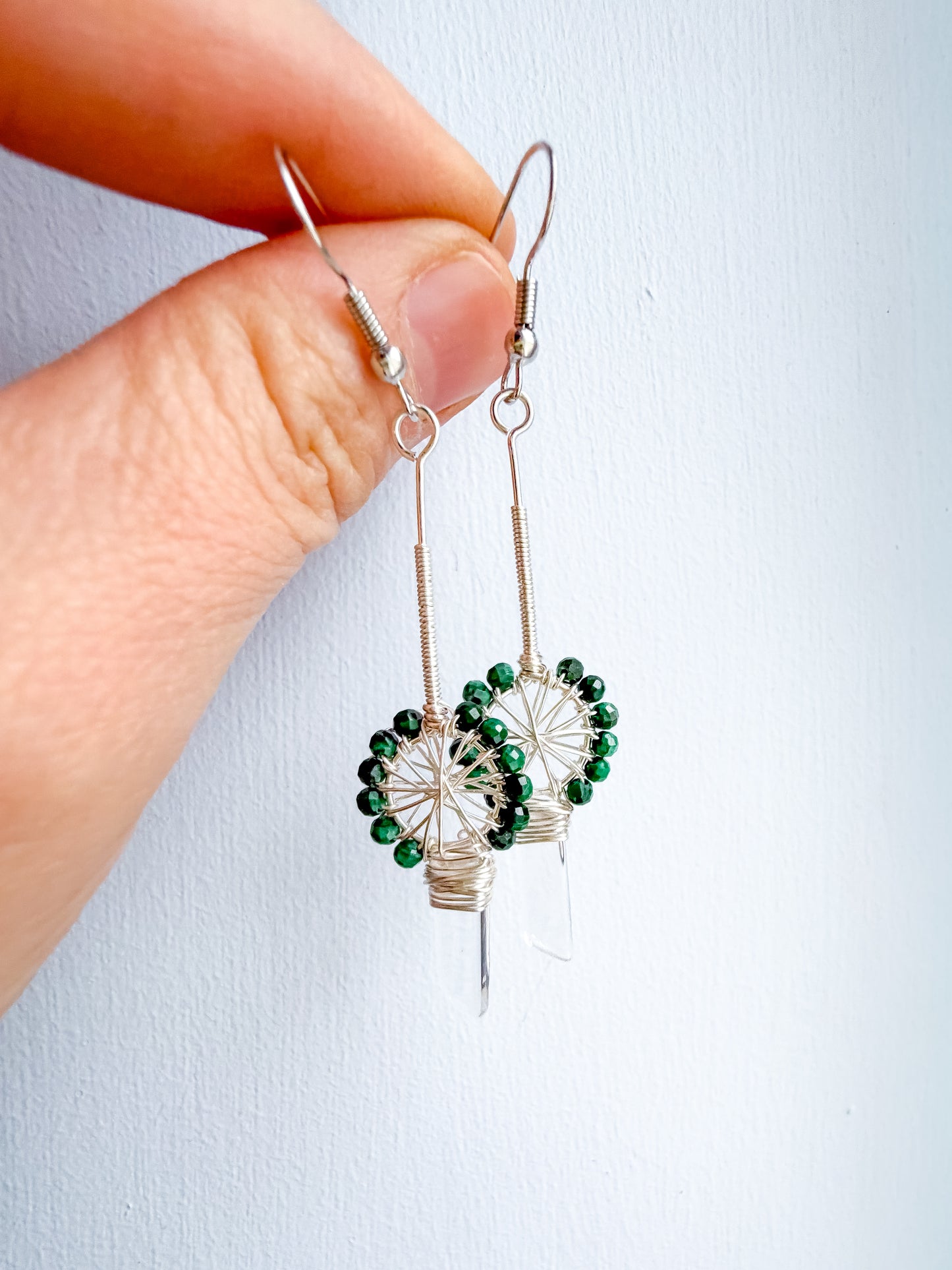 🌀 Spiral of Support Earrings - Micro-faceted Malachite & Polished Clear Quartz – Spoke Design Earrings