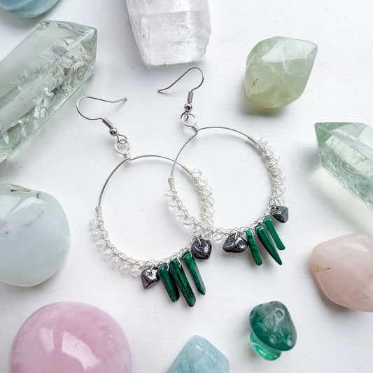 🦋 Stable Orbit Earrings - Micro-faceted Clear Quartz, Hematite & Malachite – Large Hoop Earrings