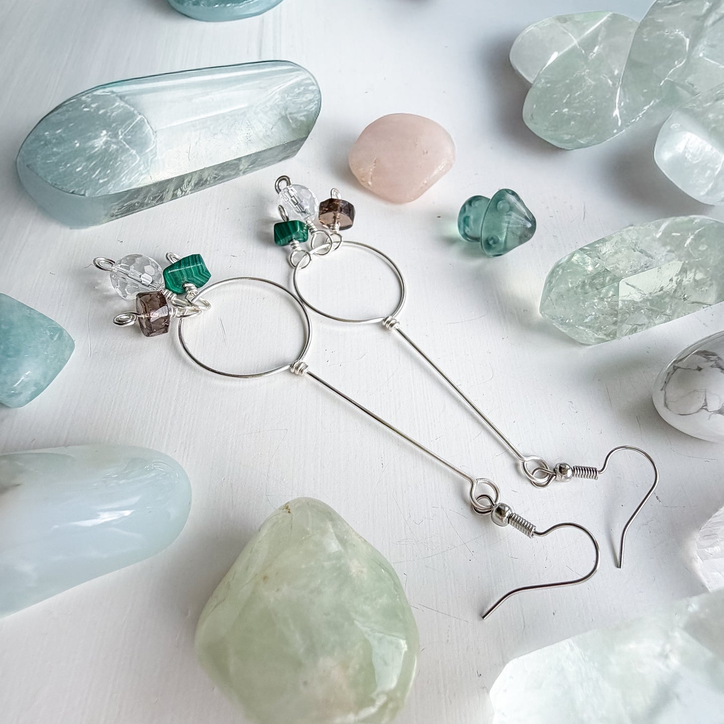 💚🤍🤎  Held in Stillness - Long Drop Hoop Earrings with Malachite, Smoky Quartz and Clear Quartz