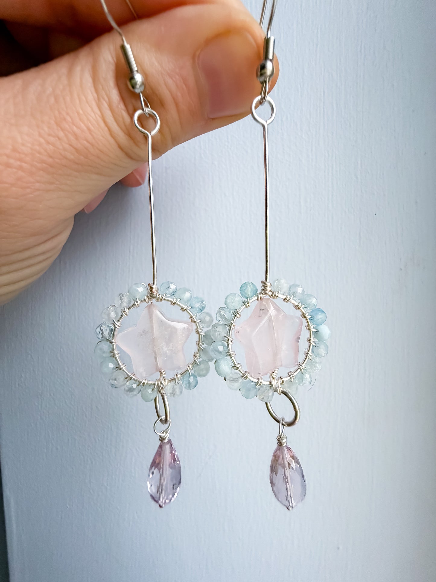 ✨🌸💎 Celestial Star Heart 💎🌸✨ - Long Drop Hoop Earrings with rose quartz, aquamarine and pink amethyst
