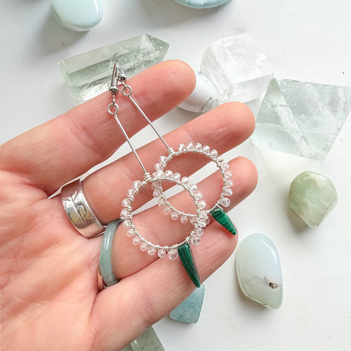 🌿 Quiet Alignment Earrings - Micro-faceted Clear Quartz & Malachite – Long Drop Hoop Earrings