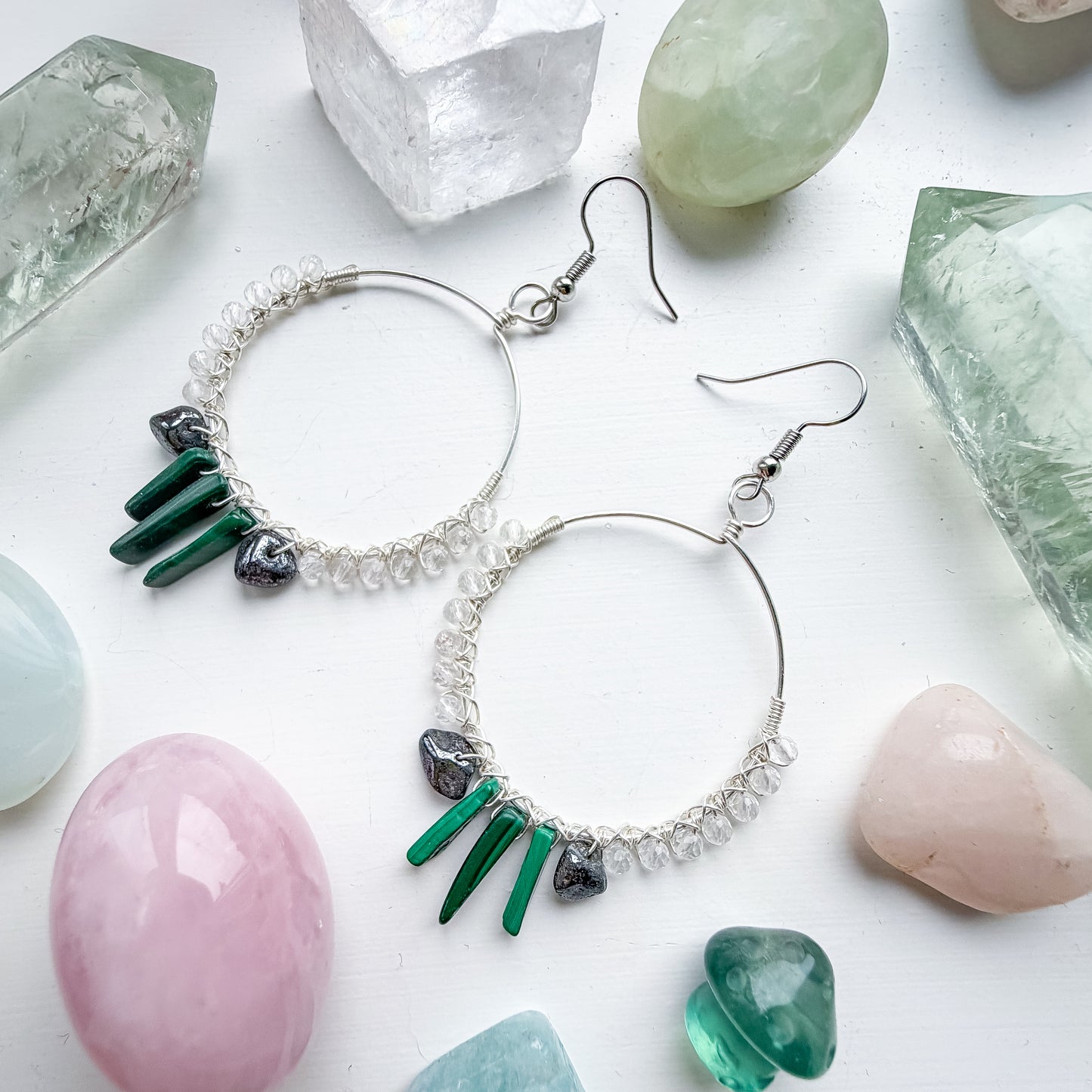 🦋 Stable Orbit Earrings - Micro-faceted Clear Quartz, Hematite & Malachite – Large Hoop Earrings