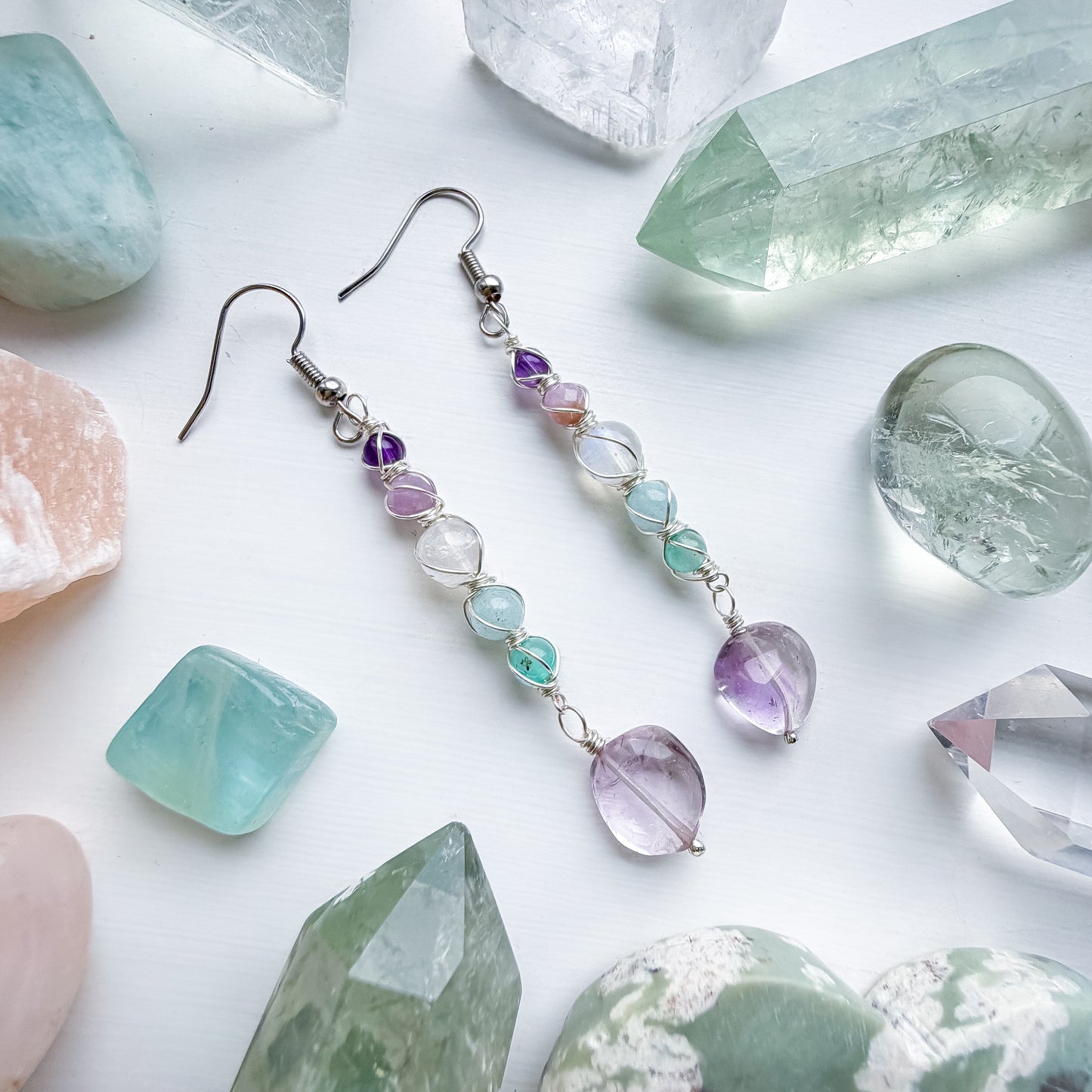 ✨🌈💎 Rainbow Aura Earrings 💎🌈✨ - Amethyst, Kunzite, Rainbow Moonstone, Aquamarine, Amazonite and Pink Amethyst Earrings