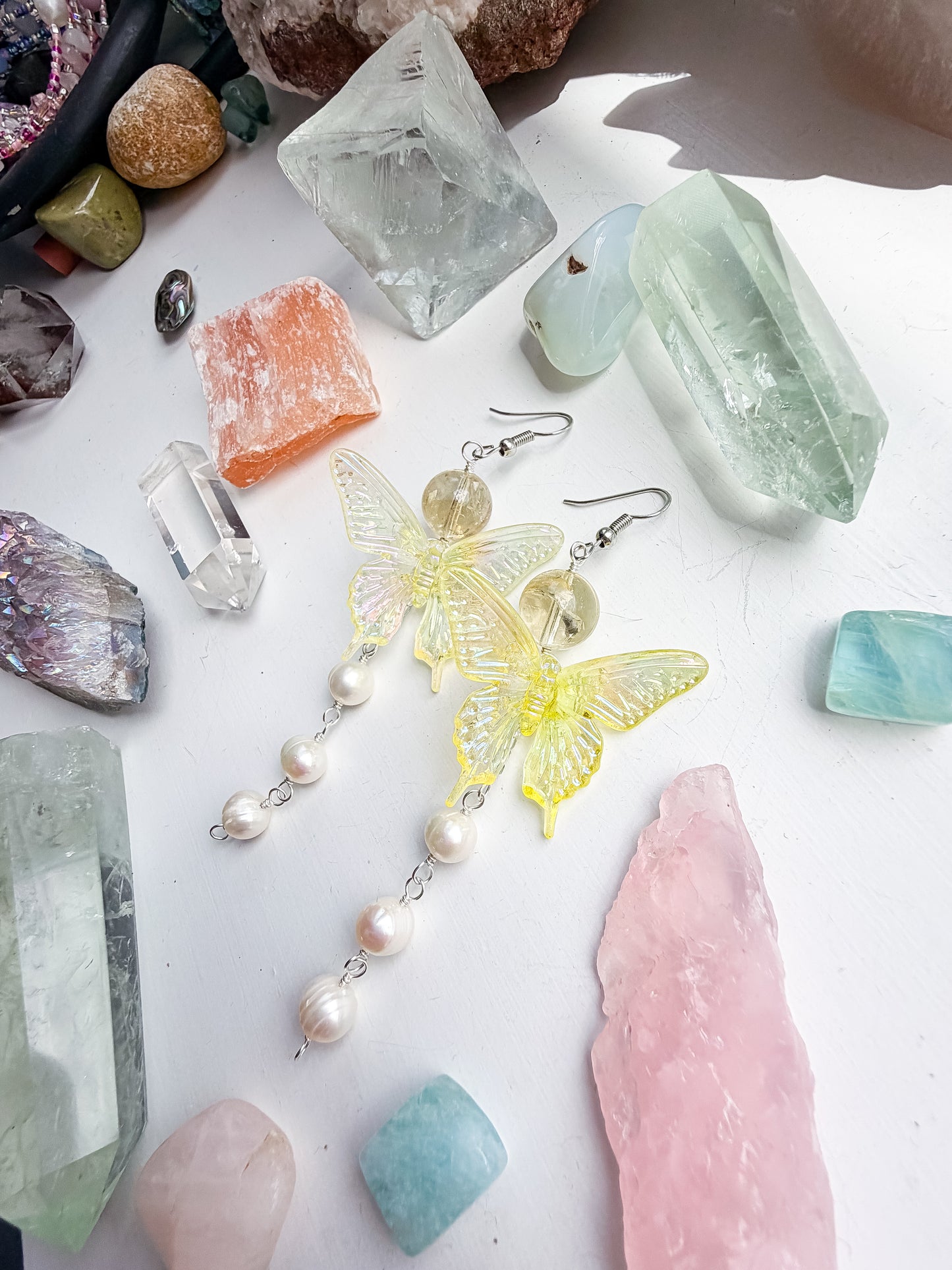 Yellow butterfly + citrine + pearl drop chain earrings