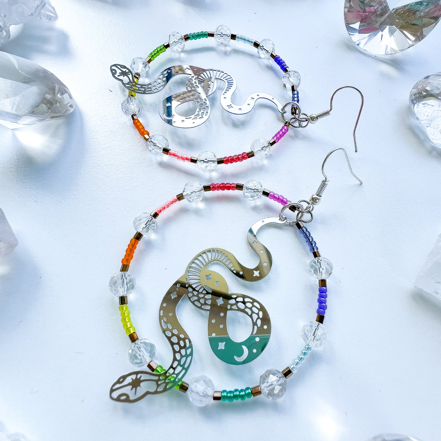 Silver snake, clear quartz rainbow statement hoop earrings