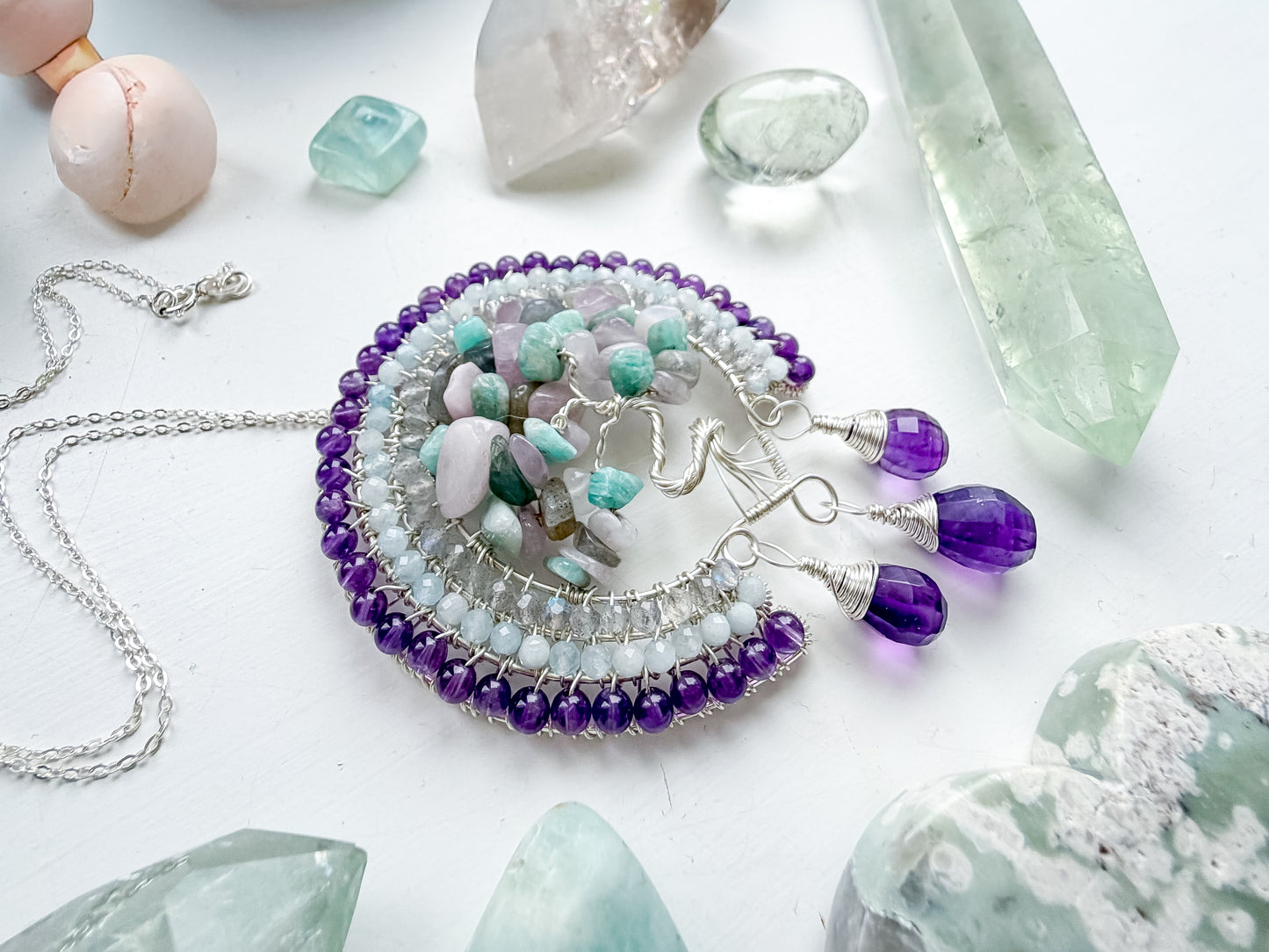 ✨🌸🌳 Enchanted Garden Tree Of Life Pendant 🌳🌸✨ Amazonite, Labraorite, Kunzite, Aquamarine and Amethyst Necklace