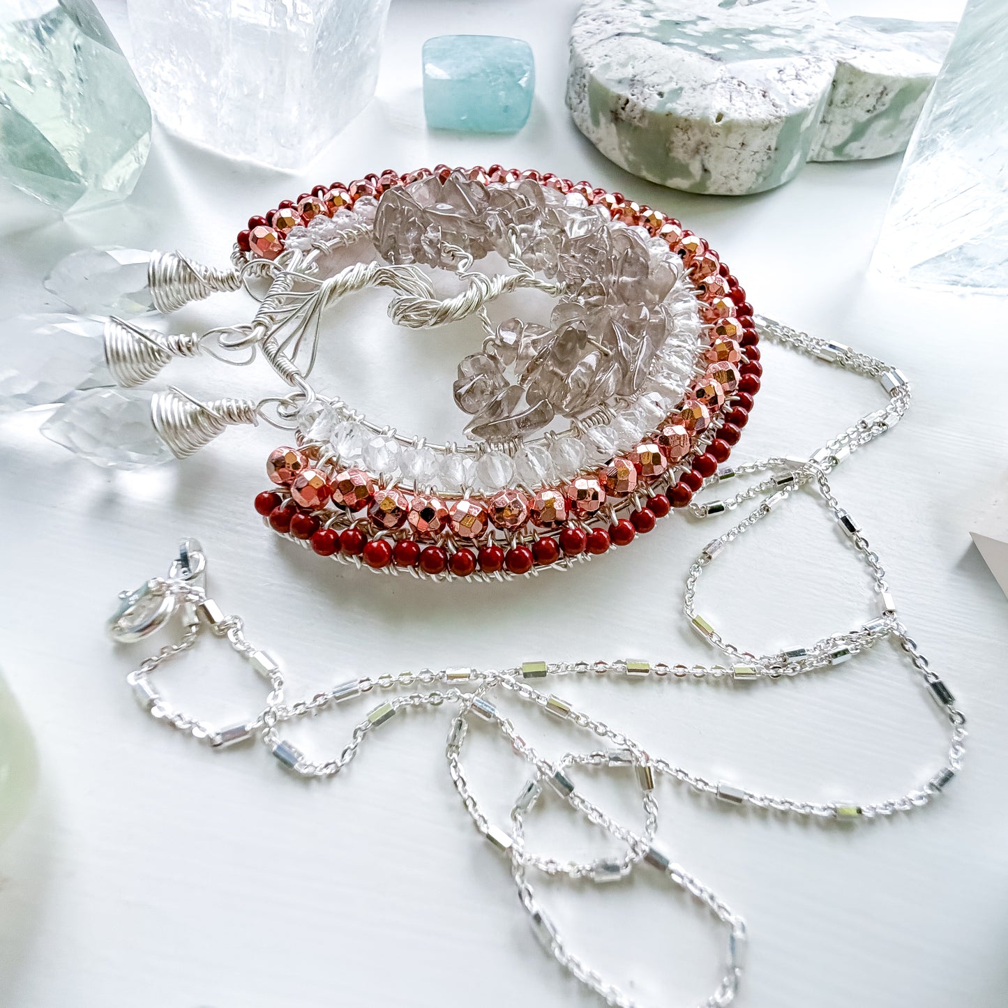 🌳 Where You Stand, You Shine – Grounding Light Tree of Life Talisman Necklace with Smoky Quartz, Clear Quartz, Red Jasper and Rose coloured Hematite