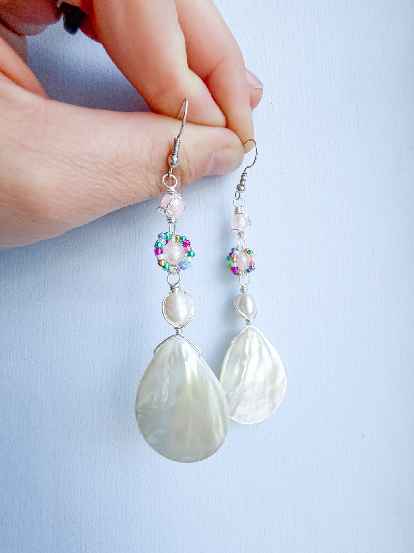 🌊🧜‍♀️✨ Mermaid’s Treasure Earrings ✨🧜‍♀️🌊  Mother of Pearl Shell Earrings | Long Handmade Dangle Earrings | Pearl & Selenite Earrings