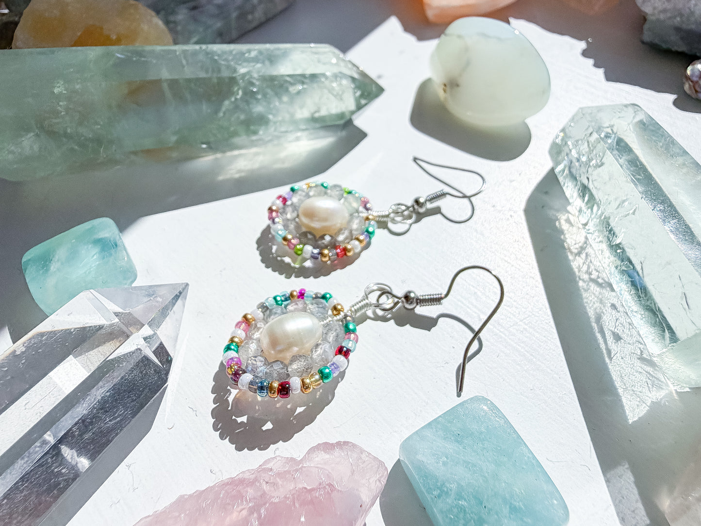 ✨ Rainbow Pearl Halo Earrings ✨ - Labradorite