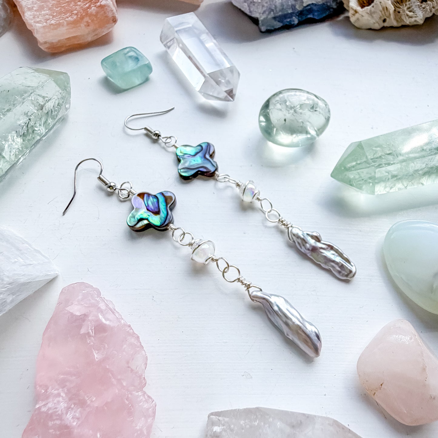 ✨💎 Atlantis Earrings 💎✨ Abalone & Silver Biwa Pearl Drop Earrings | Long Handmade Chain Earrings
