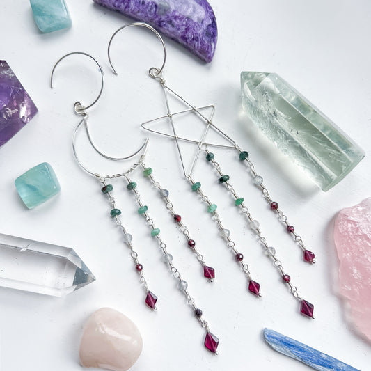 Shooting Moon and Star earrings - Emerald