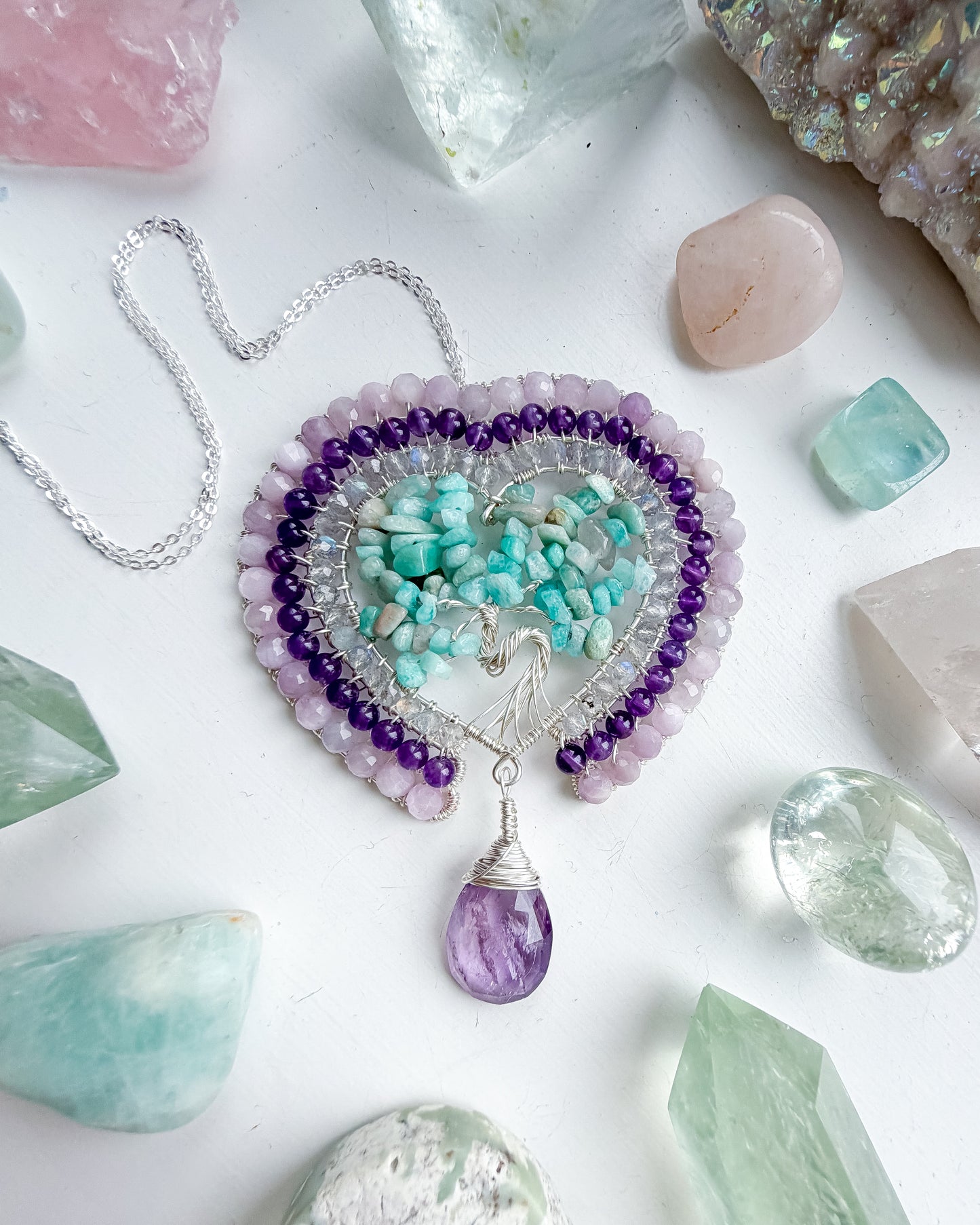 ✨💎🩷 Mystic Heart Tree Of Life Pendant 🩷💎✨ Amazonite, Labraorite, Amethyst and Kunzite Necklace