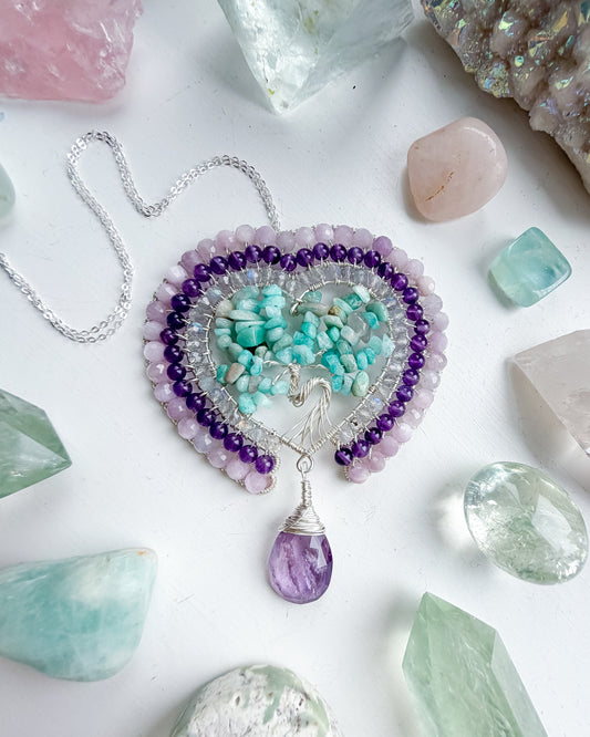 ✨💎🩷 Mystic Heart Tree Of Life Pendant 🩷💎✨ Amazonite, Labraorite, Amethyst and Kunzite Necklace