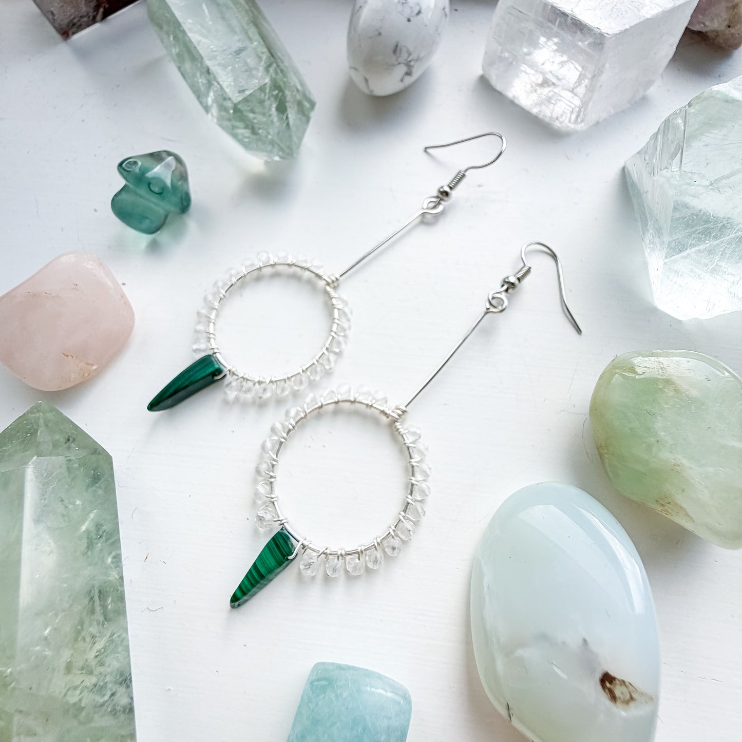 🌿 Quiet Alignment Earrings - Micro-faceted Clear Quartz & Malachite – Long Drop Hoop Earrings