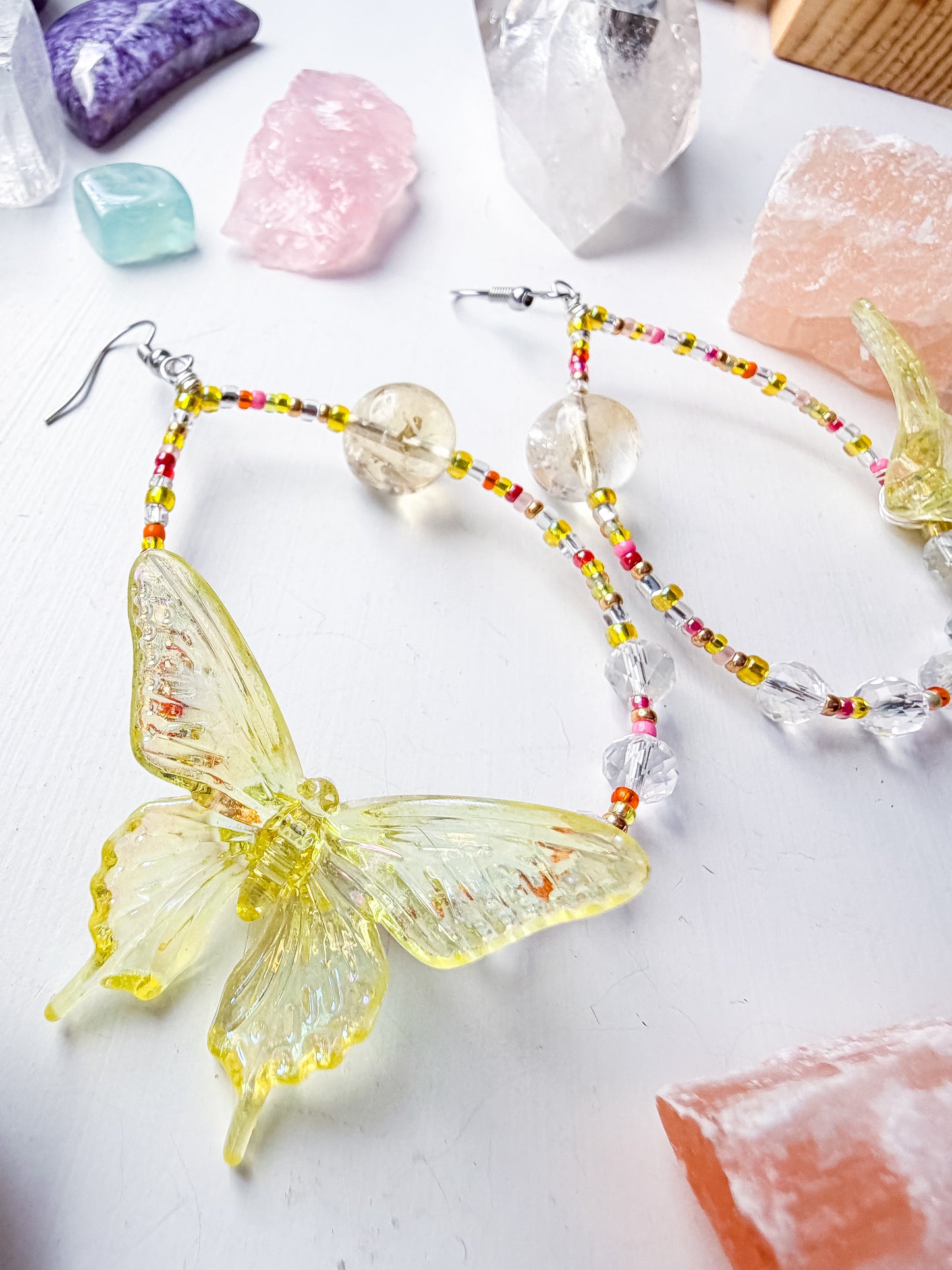 Golden Hour - Yellow butterfly + citrine & clear quartz earrings