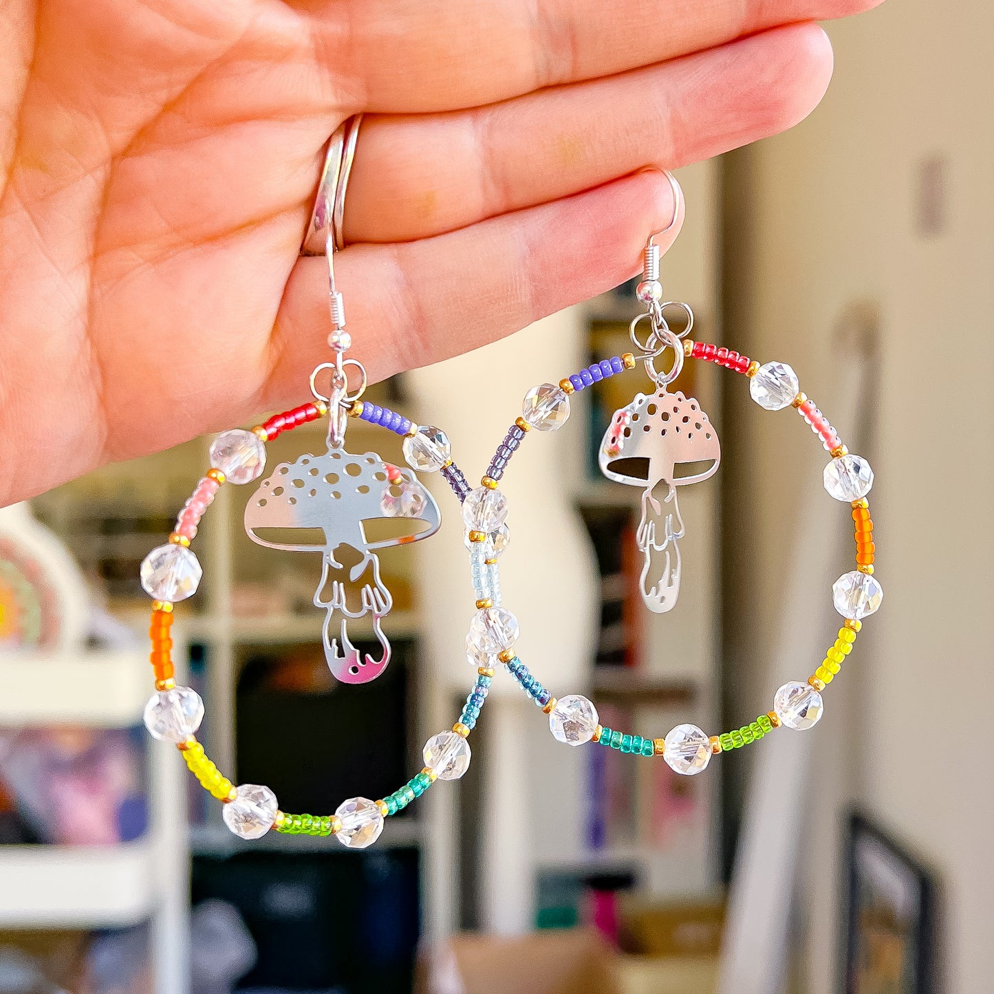 Silver mushie, clear quartz rainbow statement hoop earrings