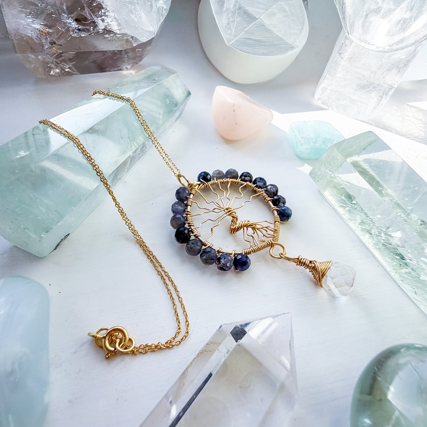 🔮✨ Iolite & Clear Quartz Tree of Life Necklace ✨🔮