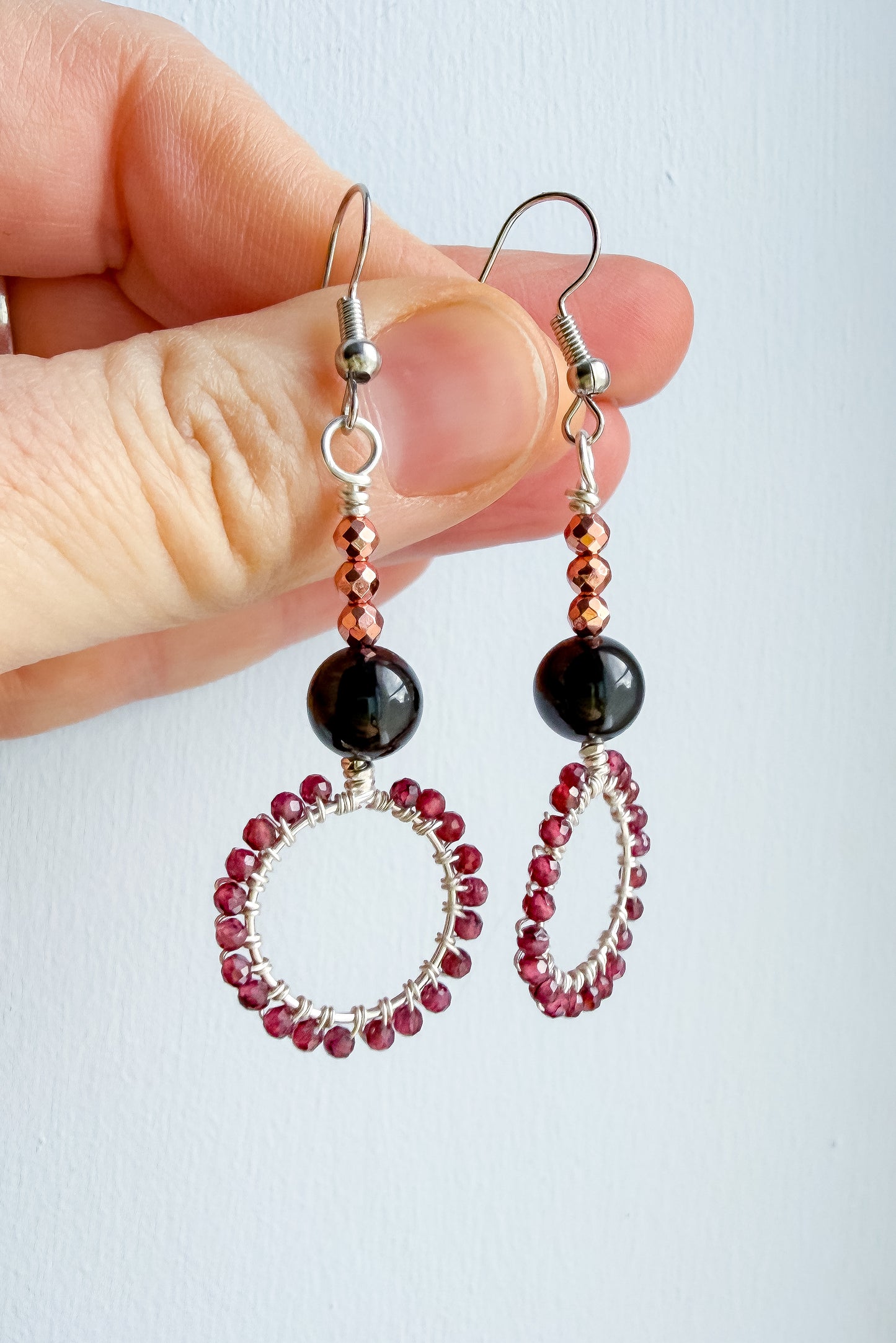 Boundaried Strength Earrings - Garnet, Black Tourmaline & Rose Gold Coloured Hematite – Drop Earrings