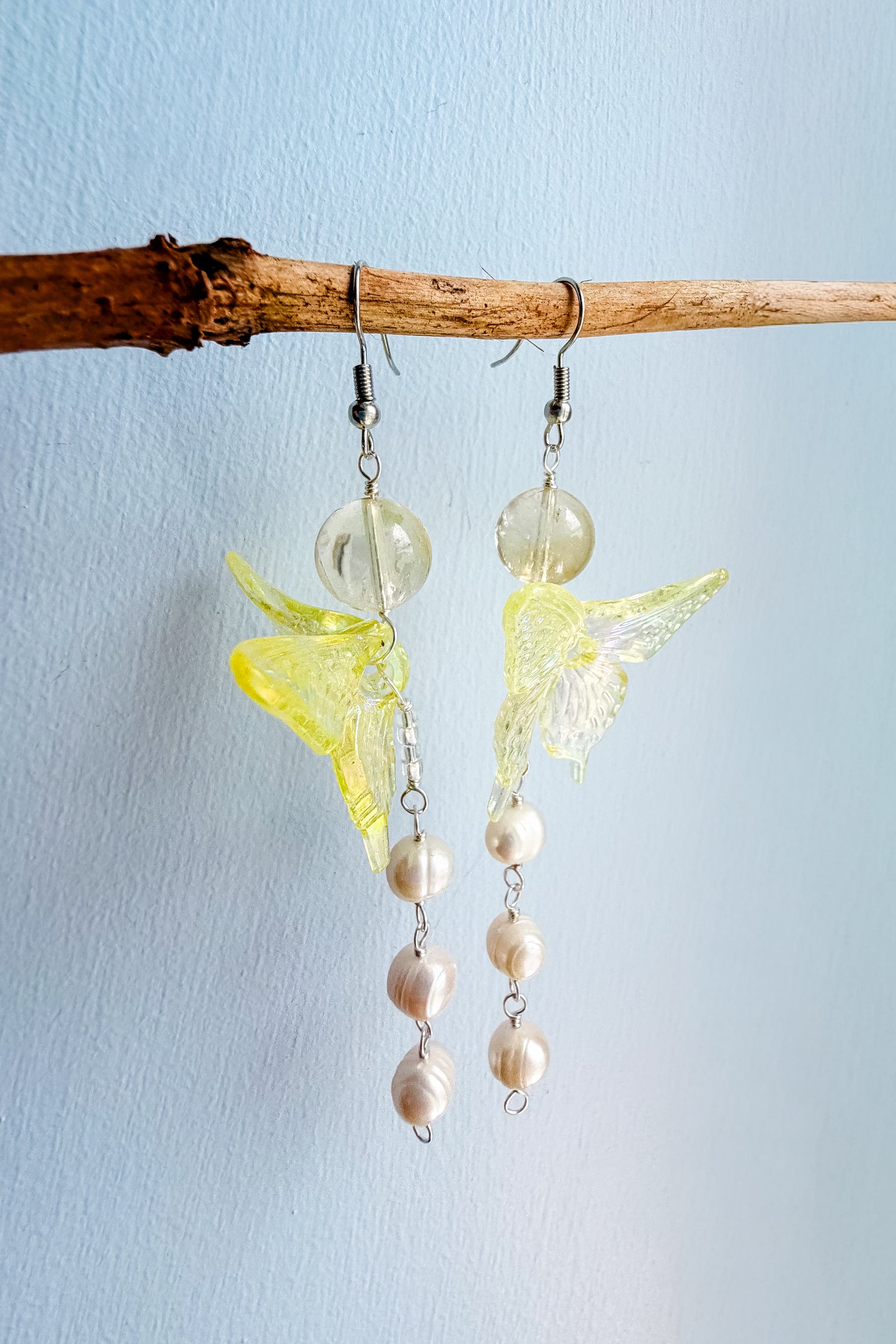 Yellow butterfly + citrine + pearl drop chain earrings