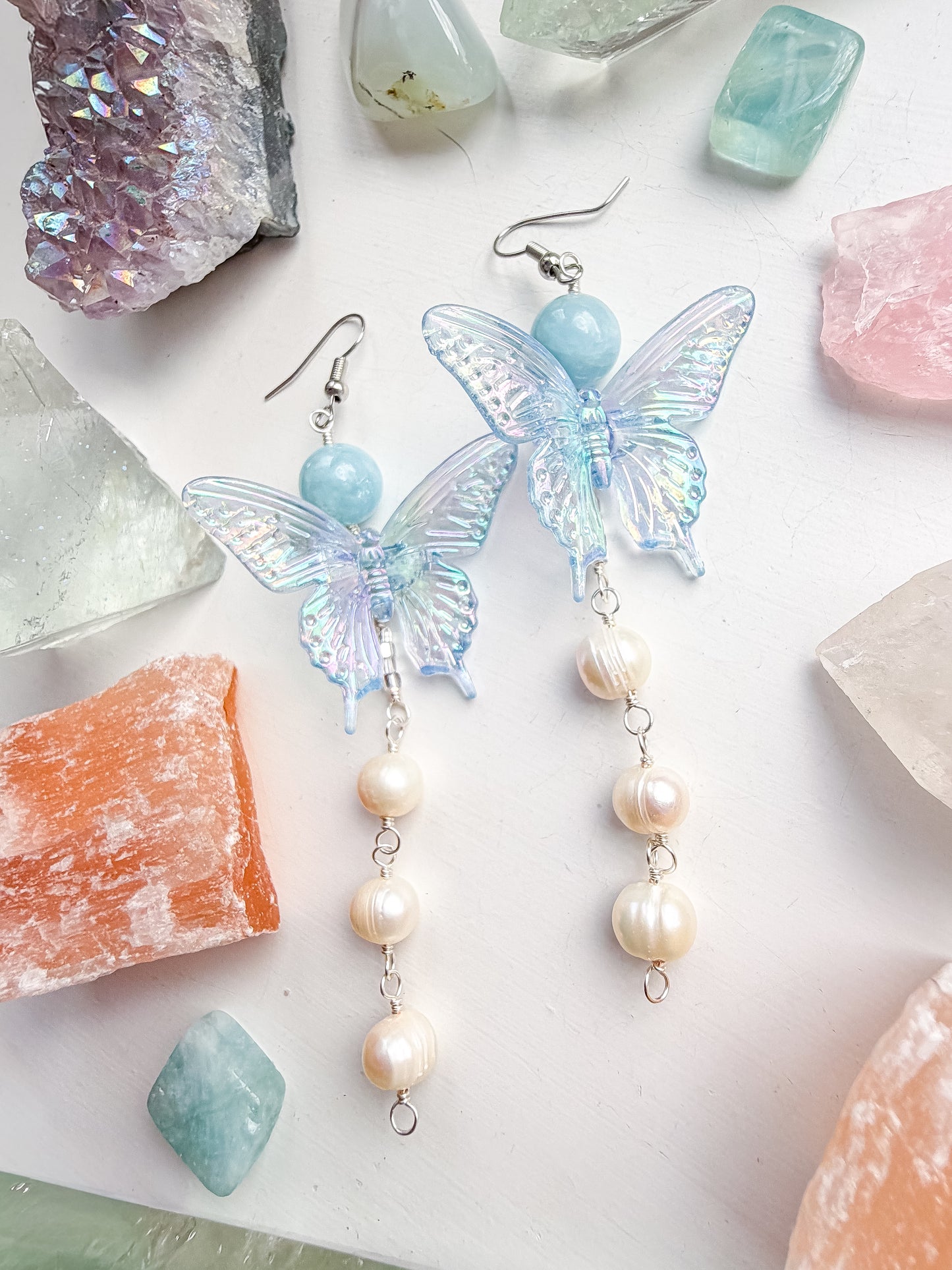 Blue butterfly + aquamarine + pearl drop chain earrings