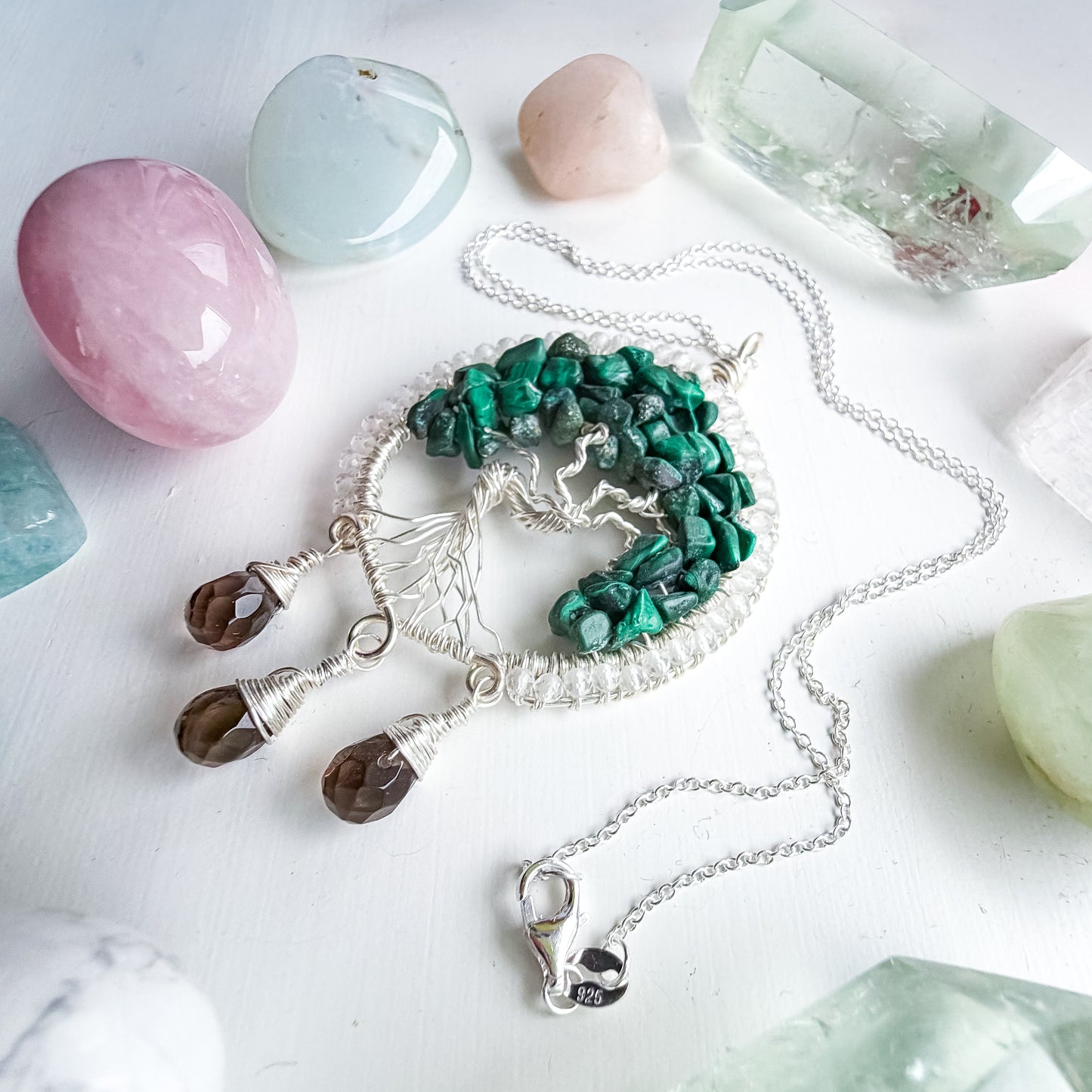 🌳 Safe to Soften - Malachite, clear quartz and smokey quartz Tree of Life talisman 🌳