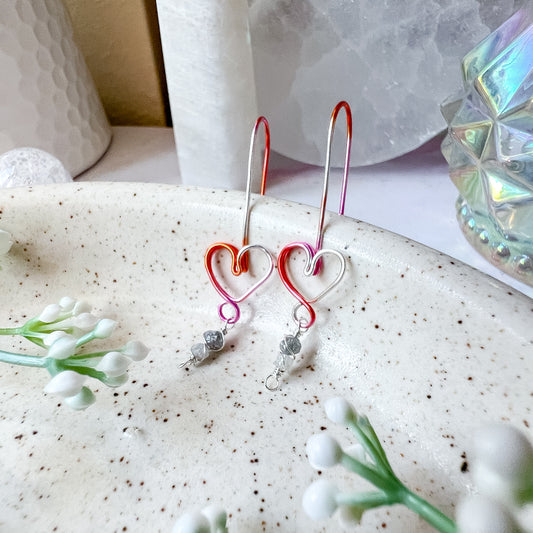 💗 Love Frequency Earrings – Pink Ombré Hearts with Raw Grey Diamonds 💗