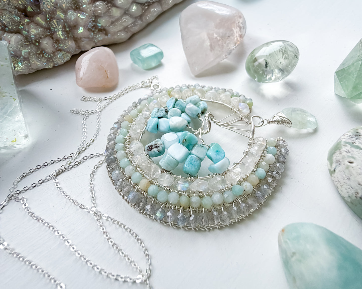 🌀✨🌊 Serene Sea Tree Of Life Pendant 🌊✨🌀 Larimar, Rainbow Moonstone, Amazonite, Labradorite and Aquamarine Necklace