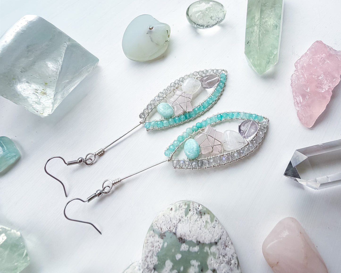 ✨🌿💎 Divine Guardian Earrings 💎🌿✨ - Amazonite, Labradorite, Rose Quartz, Rainbow Moonstone and Pink Amethyst Earrings
