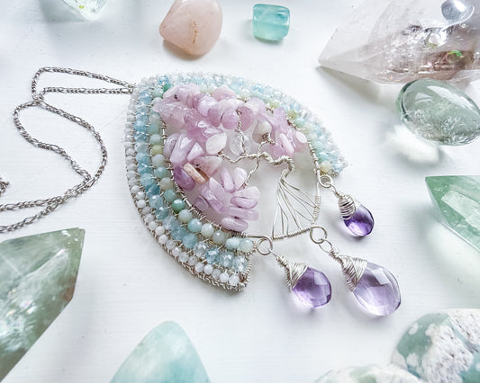✨🌿🌸 Blossoming Soul Tree Of Life Pendant 🌸🌿✨ Kunzite, Rainbow Moonstone, Amazonite, Aquamarine and Moonstone Necklace