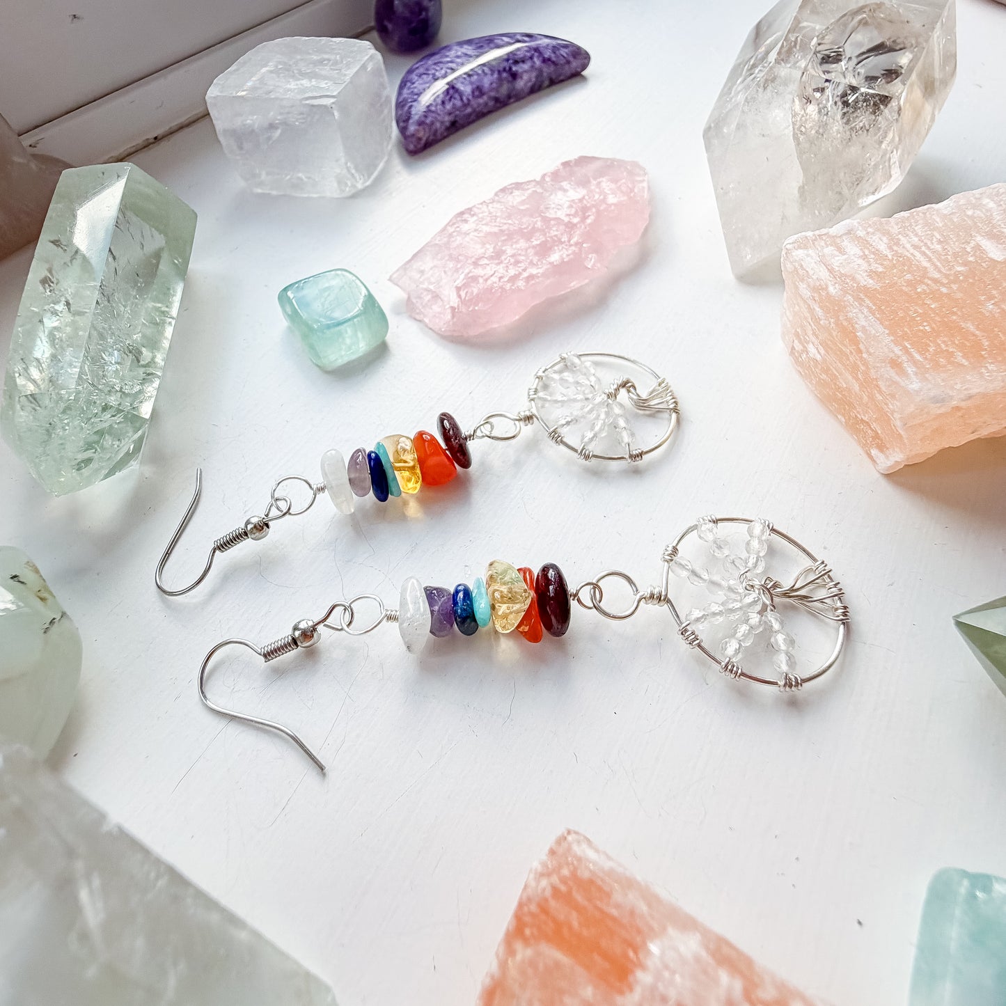 Clear Quartz Chakra Tree Of Life Earrings