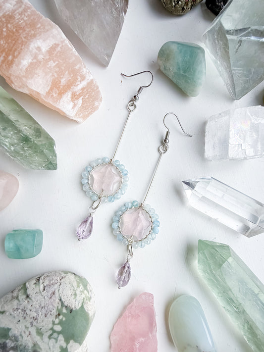 ✨🌸💎 Celestial Star Heart 💎🌸✨ - Long Drop Hoop Earrings with rose quartz, aquamarine and pink amethyst