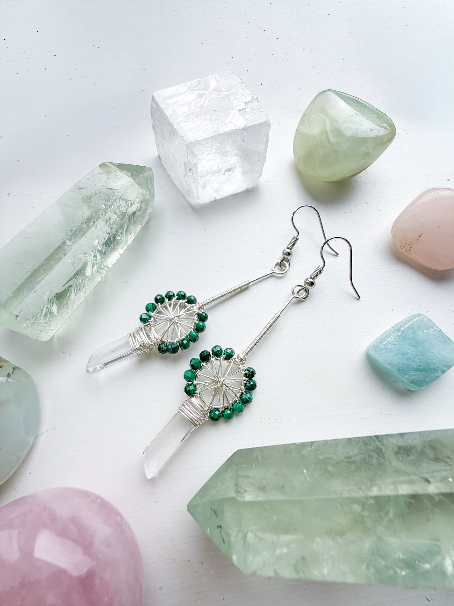 🌀 Spiral of Support Earrings - Micro-faceted Malachite & Polished Clear Quartz – Spoke Design Earrings